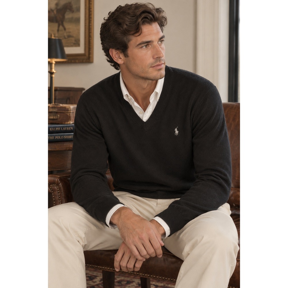 Polo Ralph Lauren V-Neck Sweater Mens M Black 100% Wool Pony Logo Classic Preppy